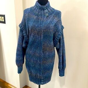 Wool blend ruffle sleeve cardigan duster blue multi color size M